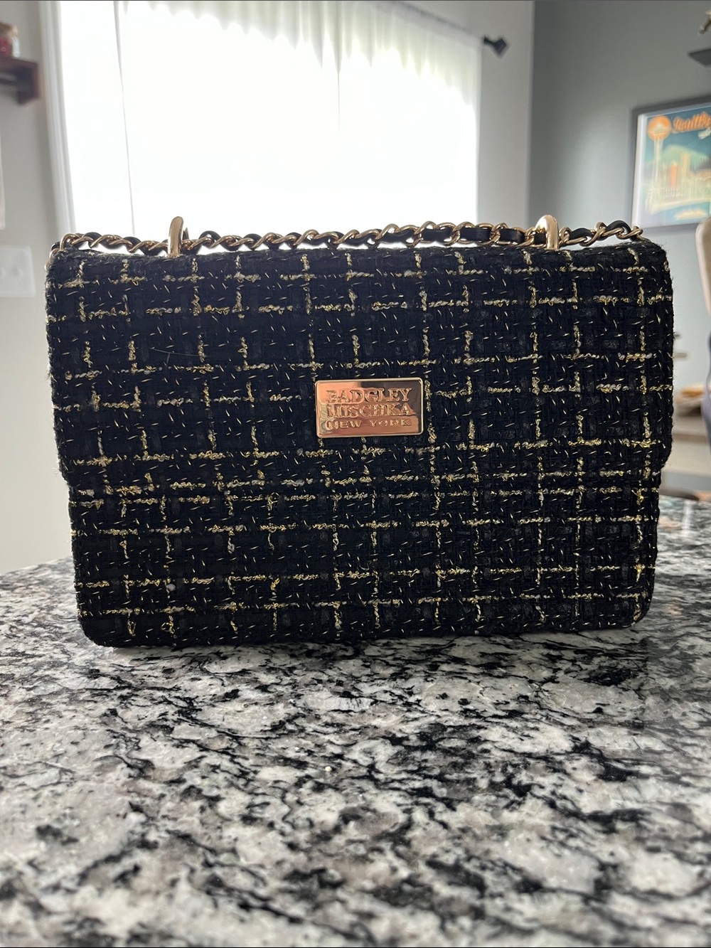 Badgley Mischka Black Tweed Crossbody with Gold Chain